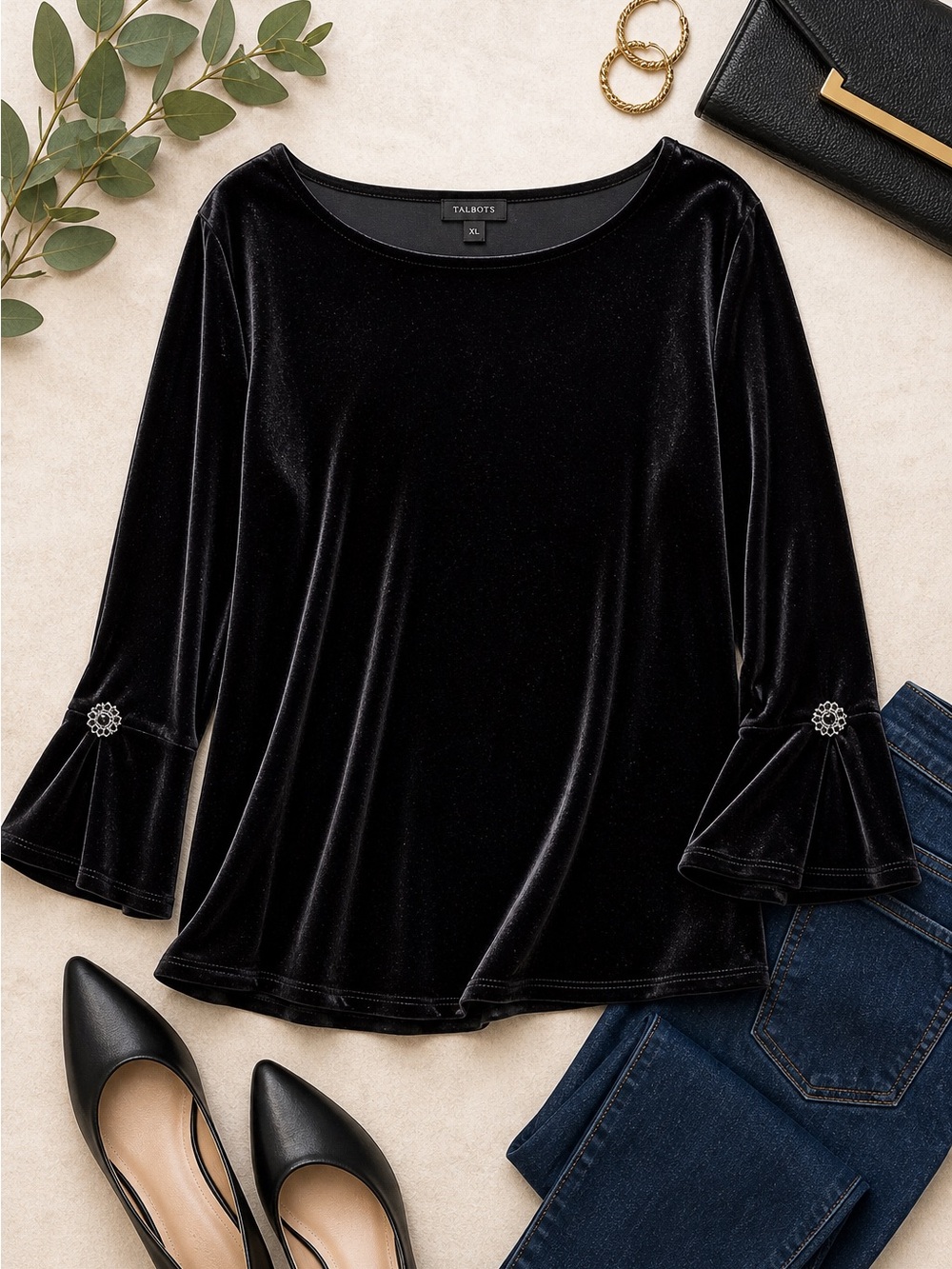 Talbots | Black Velvet Top | 3/4 Sleeve | Stretch | Elegant Minimalist | XL - Picture 2 of 7